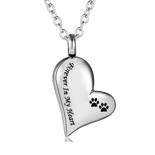 Stainless Steel Cremation Pendant for Pet Ashes - Keepsake Urn Necklace - Silver "Forever in my heart" with Paw Prints