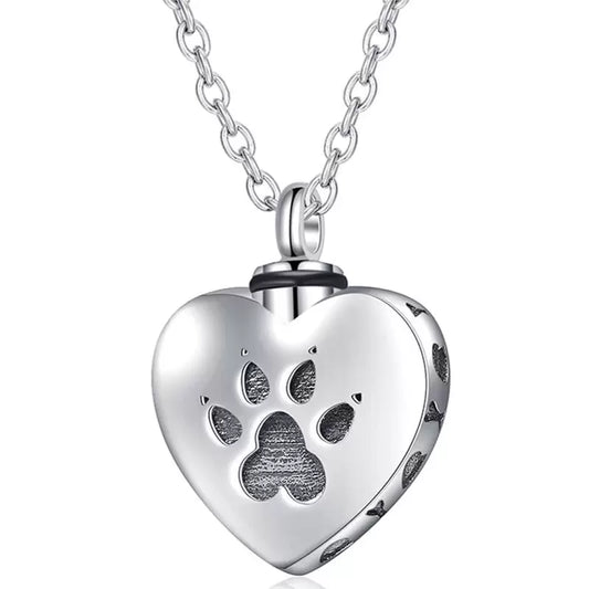 Stainless Steel Cremation Pendant for Pet Ashes - Keepsake Urn Necklace - Silver "Always in my heart" with Paw Print