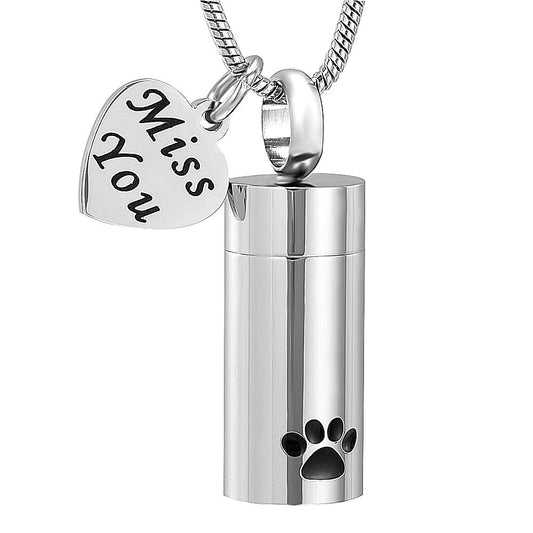 Stainless Steel Cremation Pendant for Pet Ashes - Keepsake Urn Necklace - Silver 'Miss You' - **Pendant and Necklace Only**